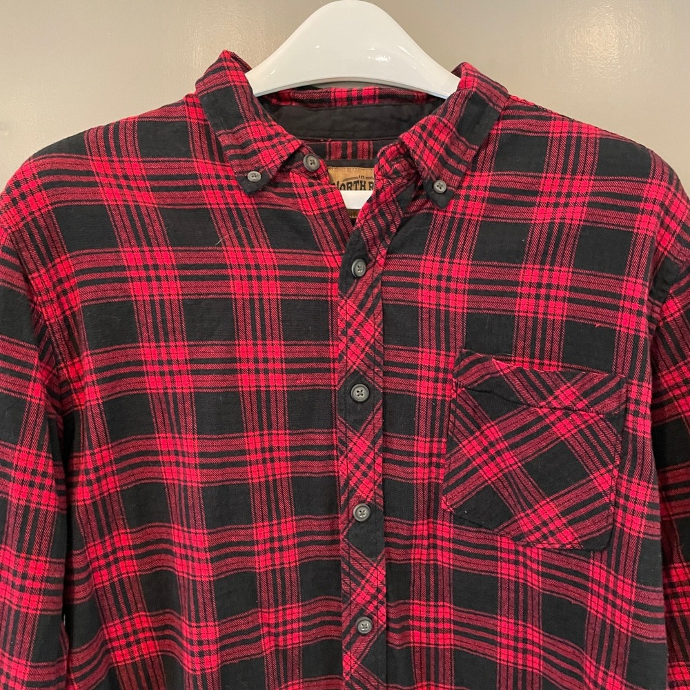 North River Mens Red Black Plaid Flannel Button Down Shirt Large Outdoor L/S